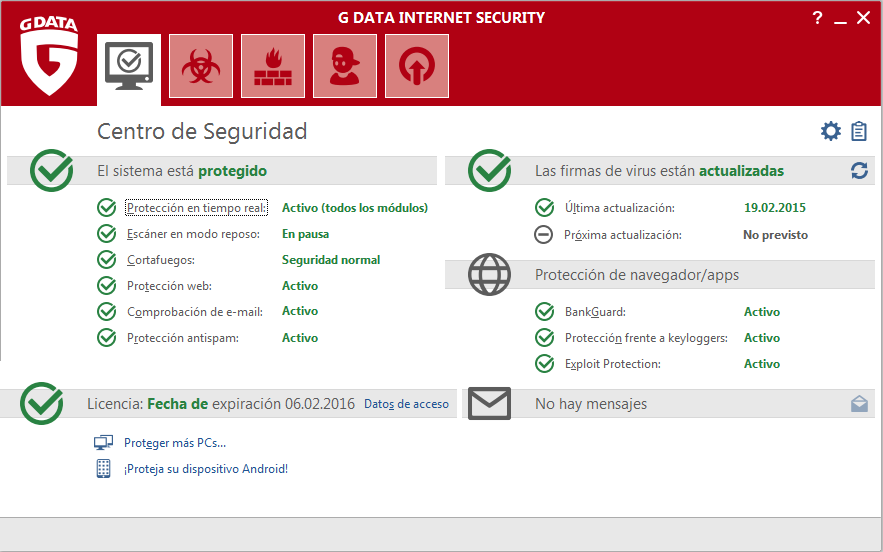 Screenshot G DATA Internet Security – Centro de seguridad