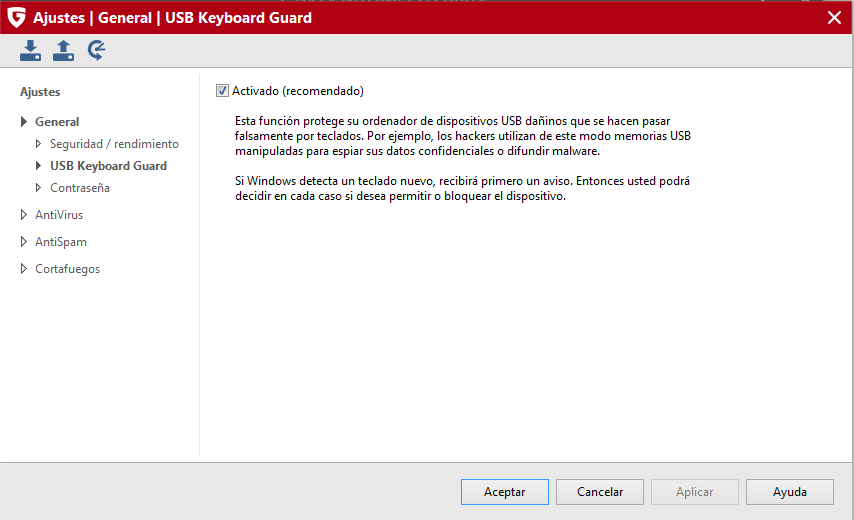 Screenshot G DATA Internet Security – USB Keyboard Guard
